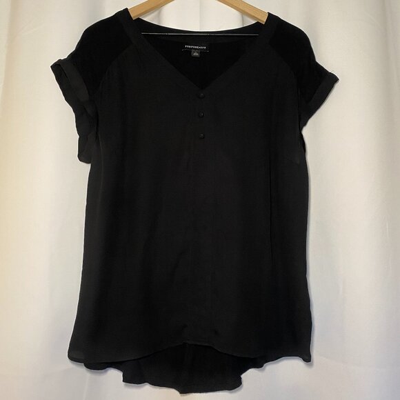 Fortune + Ivy Helina Mixed Material Blouse Womens L Black Career Roll Cuff EUC - Picture 1 of 9